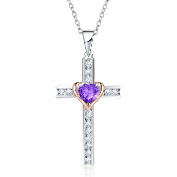 February Amethyst Heart Cross Necklace in Sterling Silver...